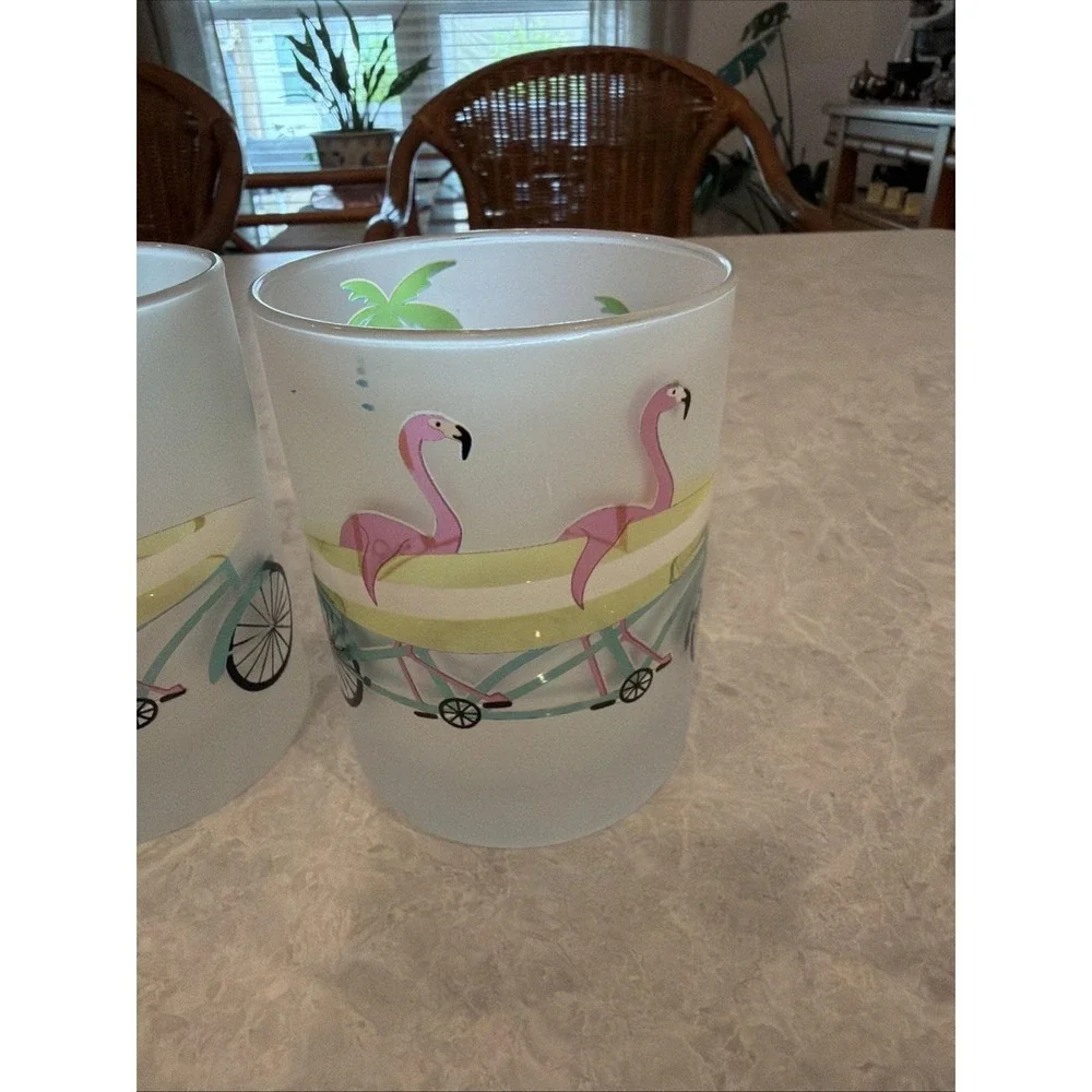 Culver Flamingo/ Palm Tree Frosted Glasses Vintage Set Of 2 Fun Pastel Colors.